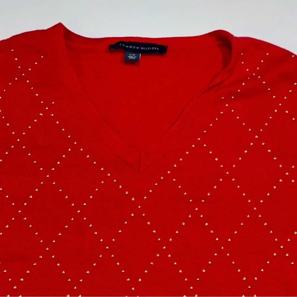 Tommy Hilfiger V-Neck 100% Cotton Sweater Gold Studs Argyle Pattern Size Large